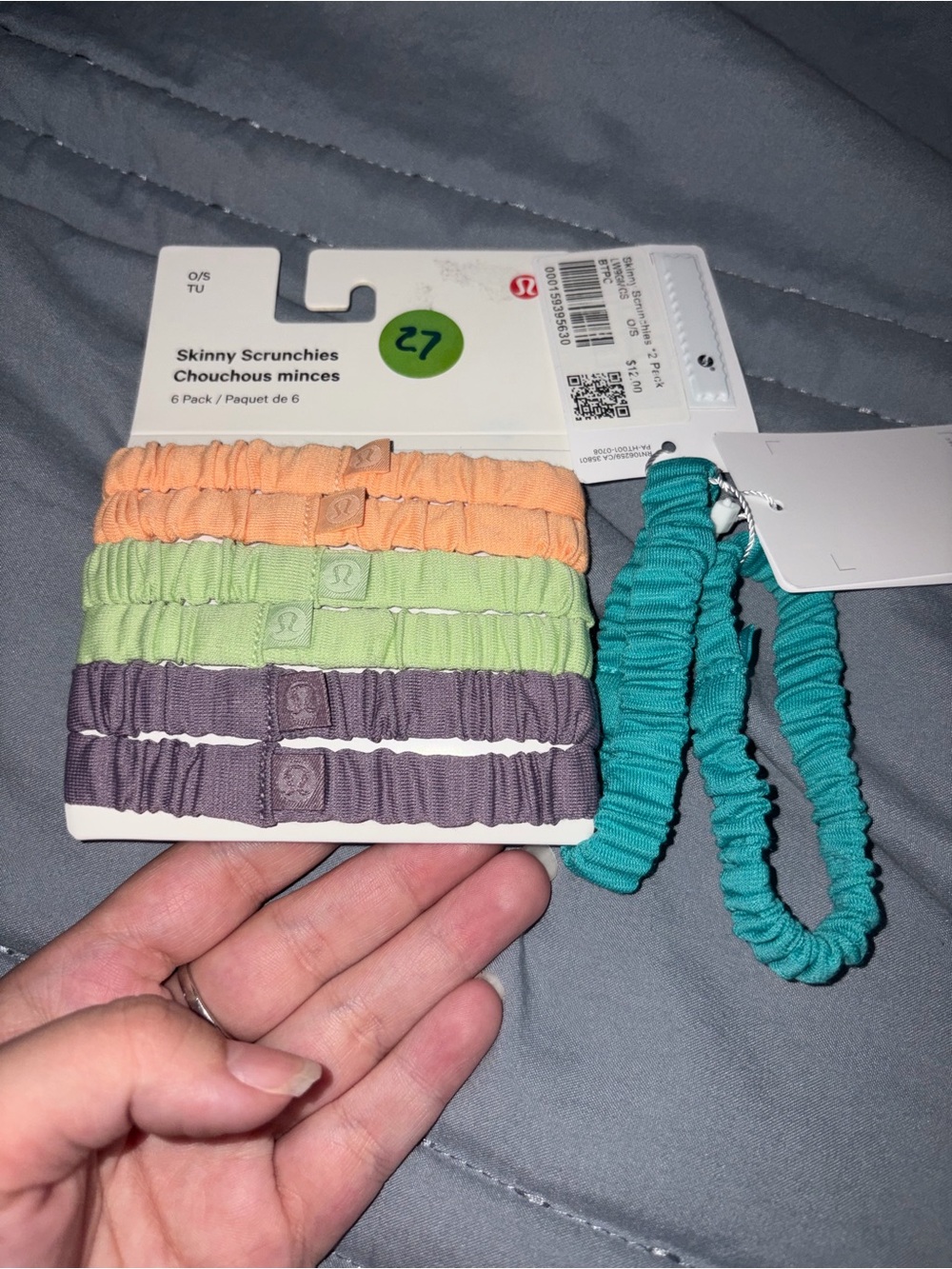 lululemon athletica Skinny Scrunchies Pack in Peach, Light Green, Purple & Teal - Picture 2 of 3